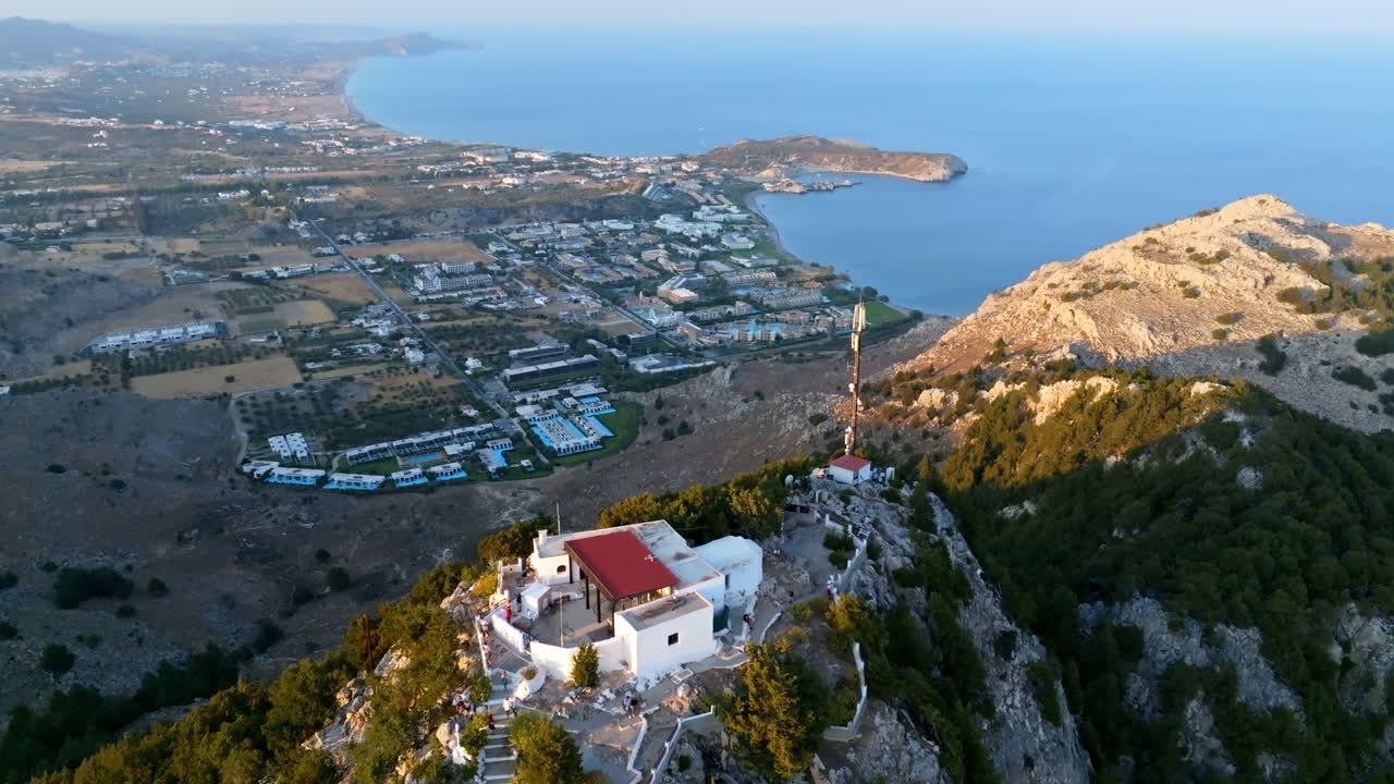Aerial overview the Tsambika Monastery, in front of the Kolympia town, Rhodes