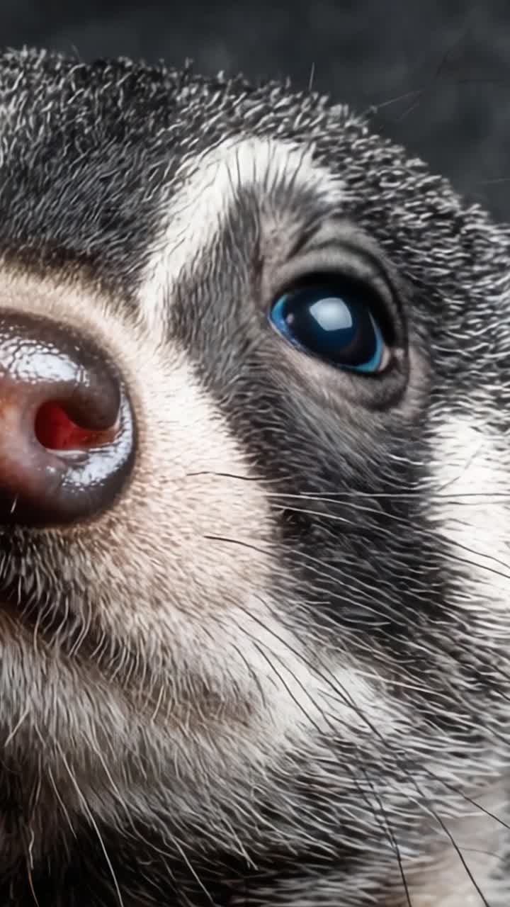 鮮やかに魅惑的な動物の顔のクローズアップ。強烈な表情を特徴とし、眩しいマクロ写真スタイルで毛皮と目の色の複雑なディテールを示す。