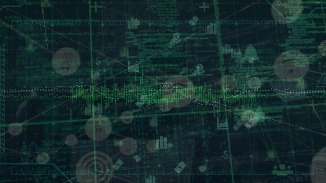 Animazione di connessioni e icone su spazio digitale nero