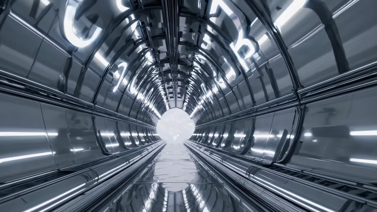 Sleek metallic corridor stretching toward bright circular endpoint, illuminated by vibrant neon lights, revealing mysterious technological passageway with reflective surfaces