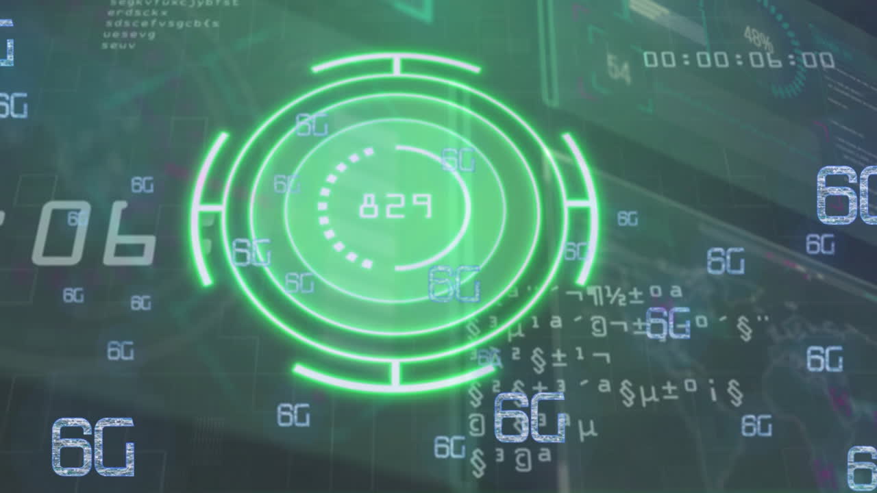 Animation of data processing and 6g texts over digital screens