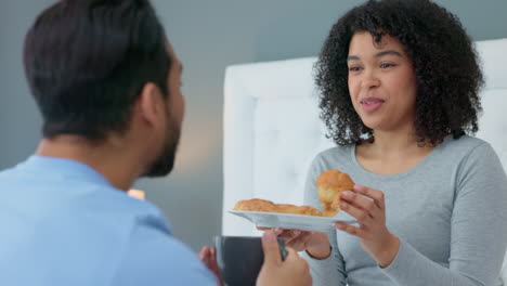 couple, love and food in bedroom for breakfast