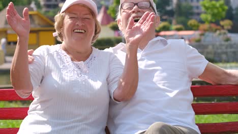 happy elderly couple laughing and embracing on a park bench