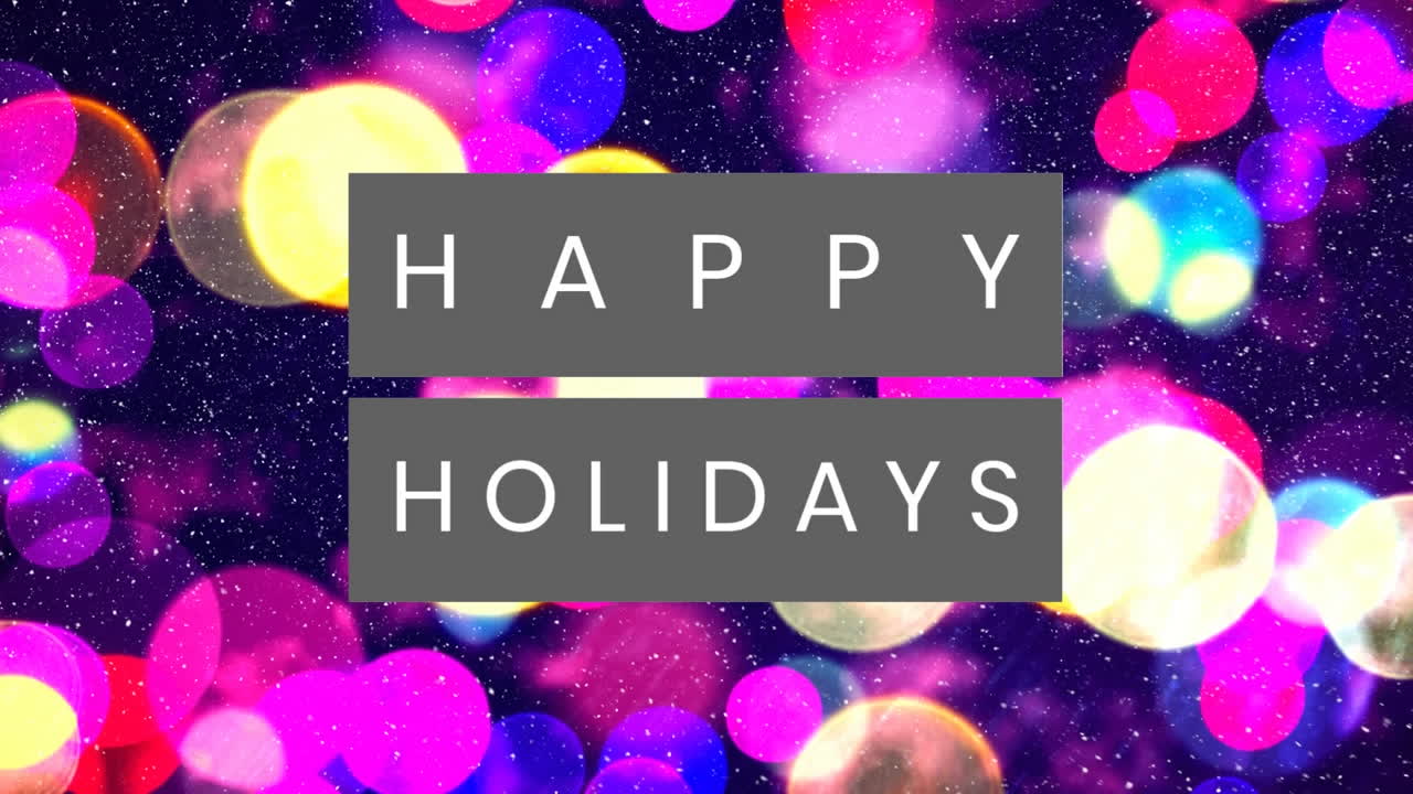 눈과 밝은 반점 위에 행복한 휴일 텍스트를 기원하는 애니메이션