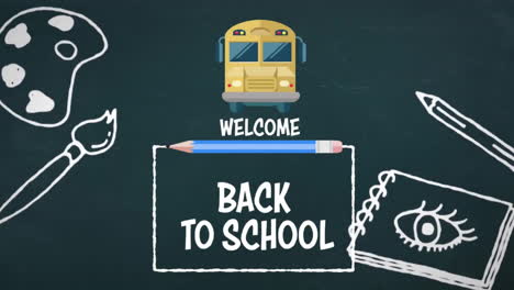 animation of welcome back to school text, yellow school bus and school equipment on black chalkboard