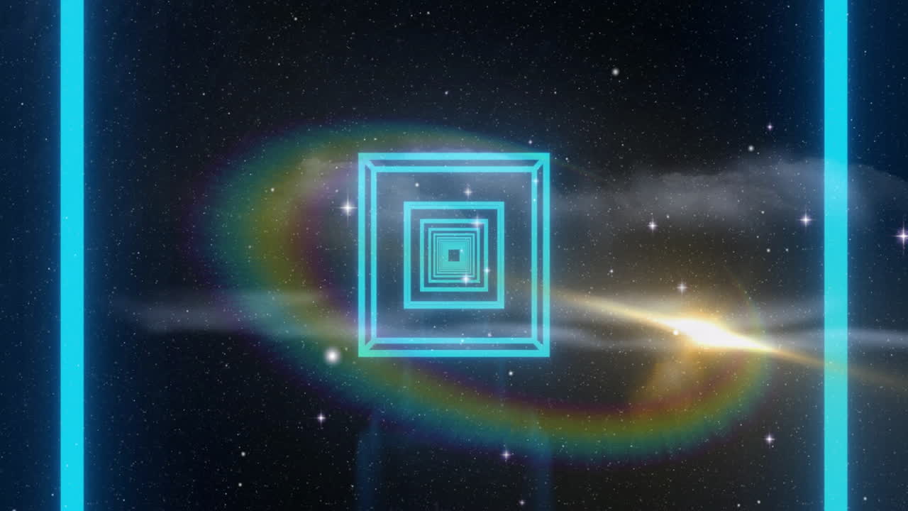 Animation showing neon blue squares forming tunnel in starry space background