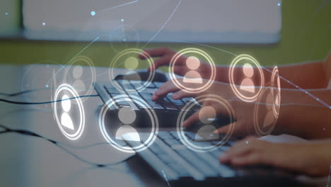 animation of network of connections over hands of diverse pupils typing on keyboard