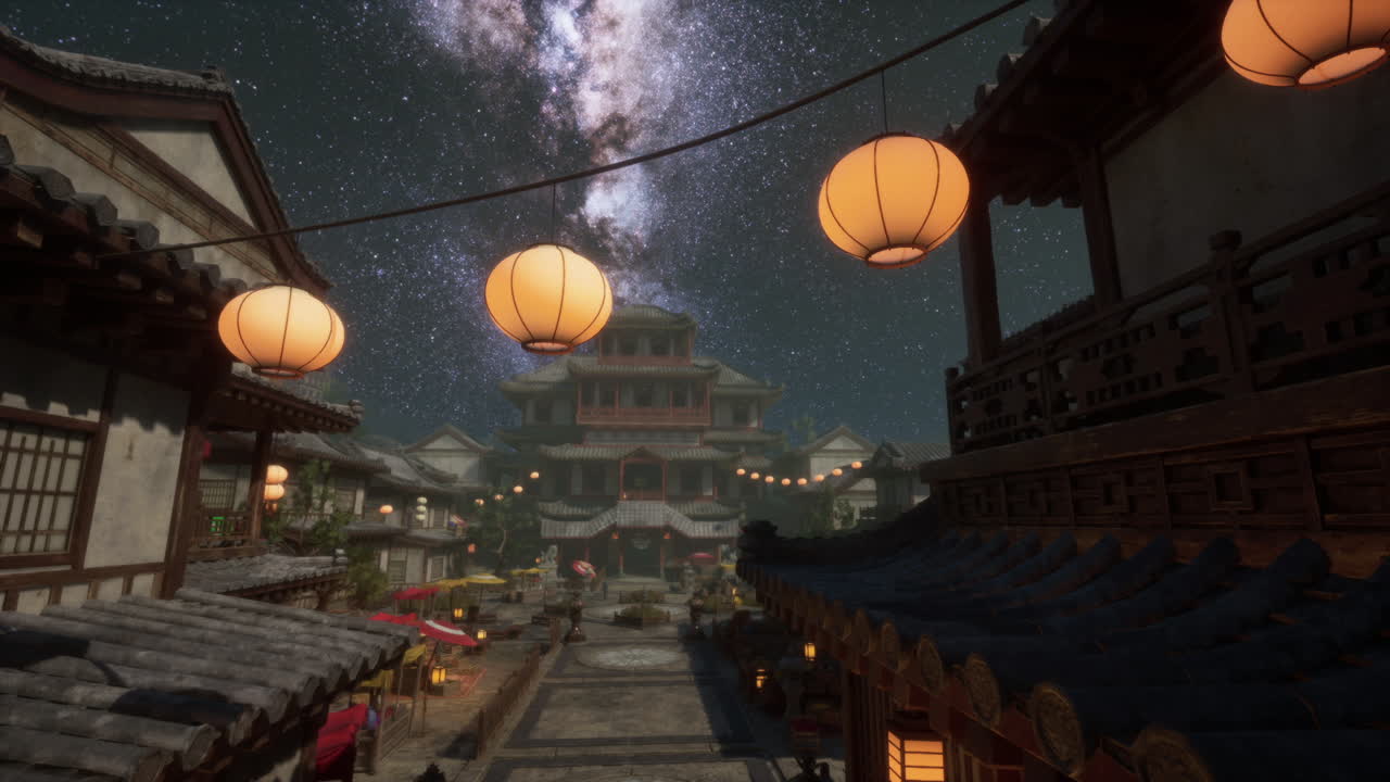 vista nocturna de una ciudad tradicional china con linternas y la vía láctea en el cielo