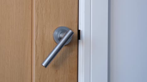 modern oak panel interior door with contemporary silver coloured brushed aluminium metal handle moving slowly up and down