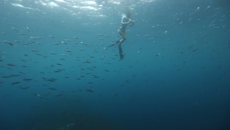 female snorkeler at ocean surface as rain falls, taking pictures of fish