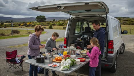 family enjoys outdoor cooking together at a scenic rest stop, preparing a meal in front of their vehicle surrounded by nature and scenic views