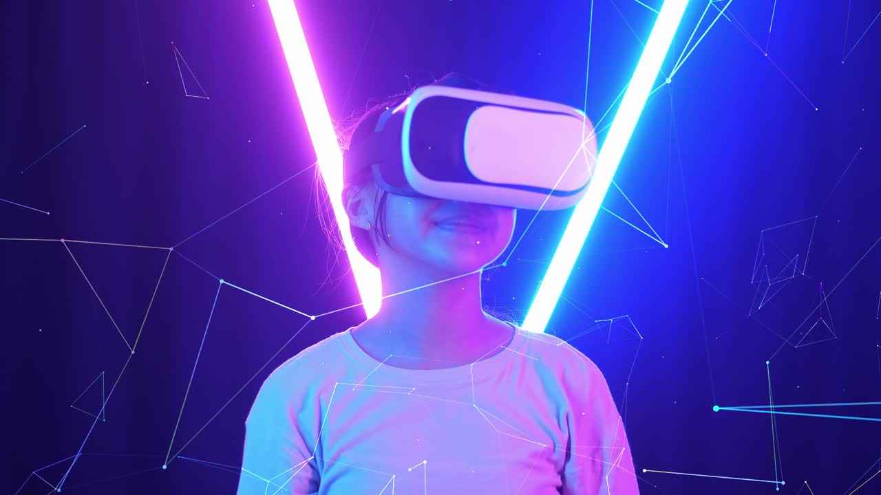 Vr, Futuristic, Entertainment Concept. Excited Asian Young Girl Using Virtual Reality Headset And Use Hand Slide With Neon Light At The Background