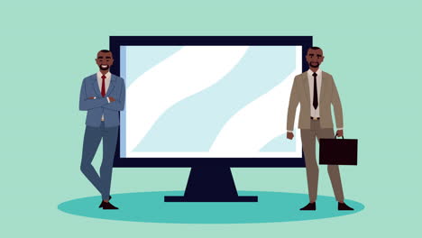 afro businessmen with desktop characters