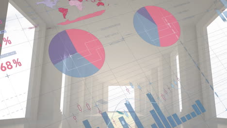 animation of statistical data processing over grid network against empty office corridor