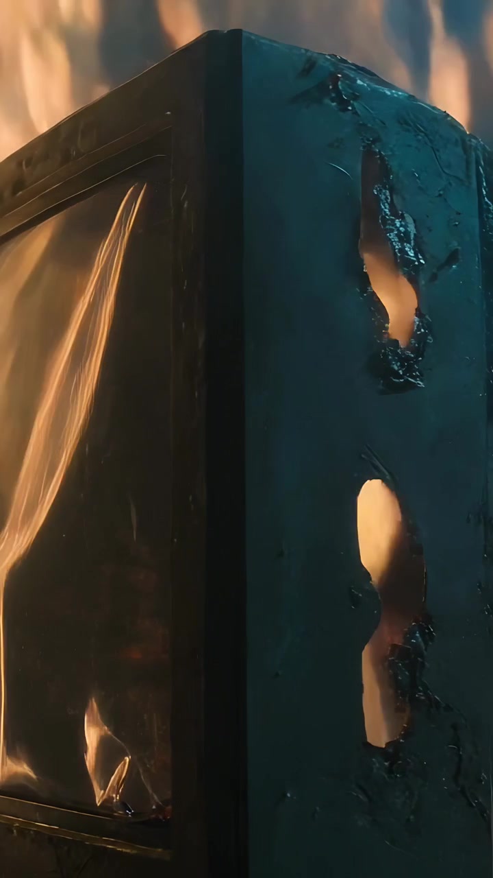 Video verticale: Fiamme che riscaldano una scatola frontale di plastica, deformandola e sciogliendola, rivelando braci in primo piano.