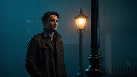 man in a trench coat in the rain at night under a street lamp