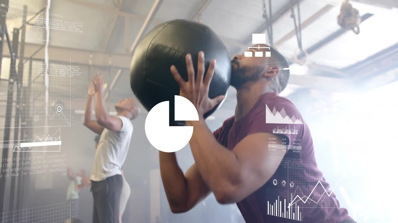 animación de procesamiento de datos y diagramas sobre diversos hombres haciendo ejercicio con bolas en el gimnasio