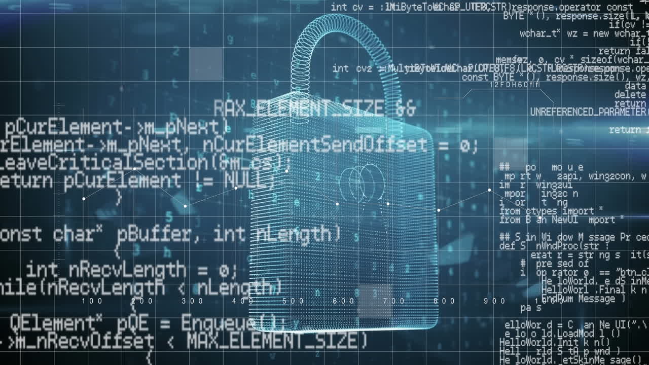Animation of 3d padlock symbol and data processing on black background