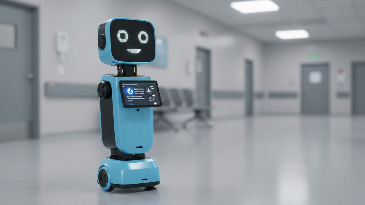 A Charming, Friendly Robot Assistant in a Hospital Environment, Showcasing its Engaging Smile and Interactive Display, Signifying the Future of Healthcare Technology and Robotics