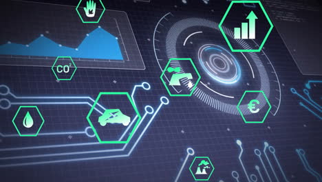 futuristic technology icons and data processing animation over digital interface