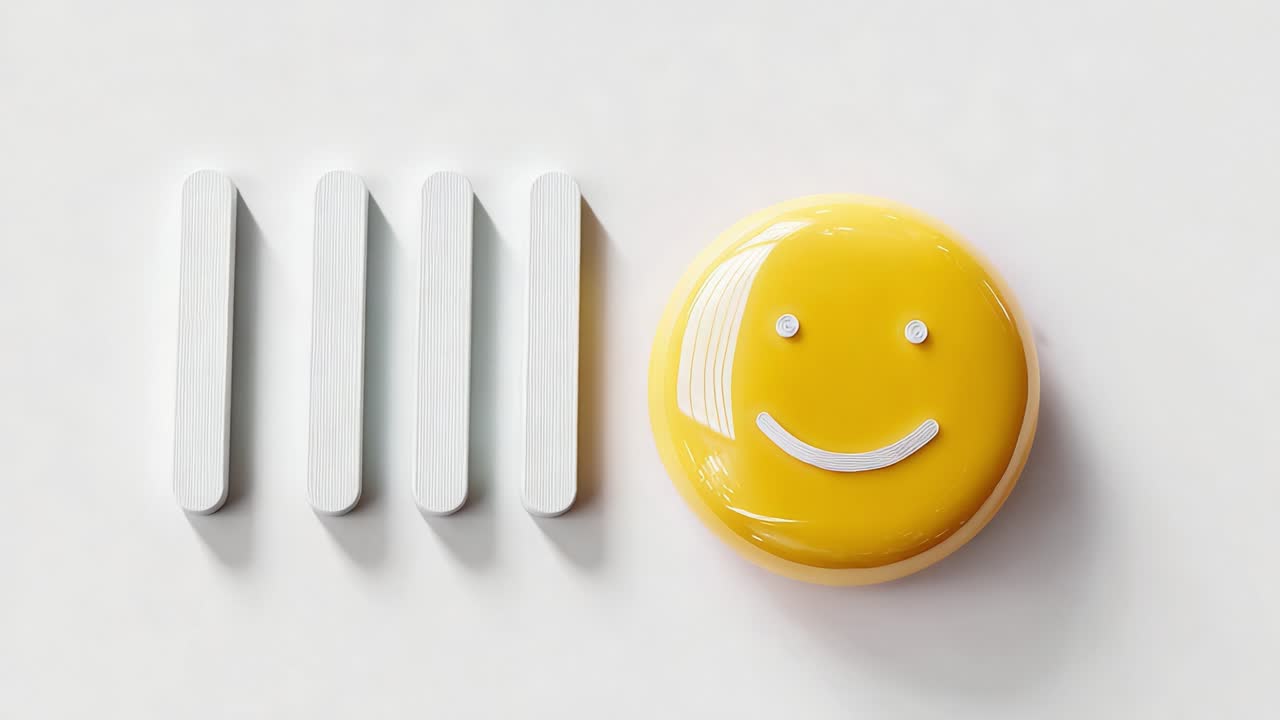 A cheerful yellow smiley face with a playful design, accompanied by four white rectangular elements, creates a minimalist and vibrant representation of happiness and positivity
