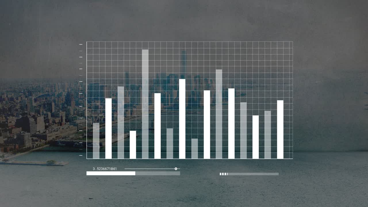 Bar graph animation over aerial view of city and water