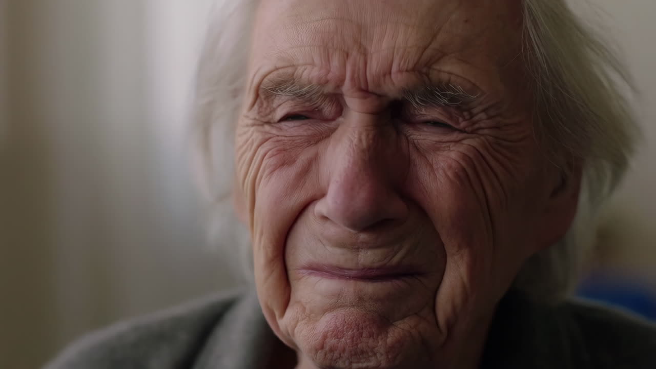 Close-up portrait of an elderly person with eyes closed and a wrinkled face