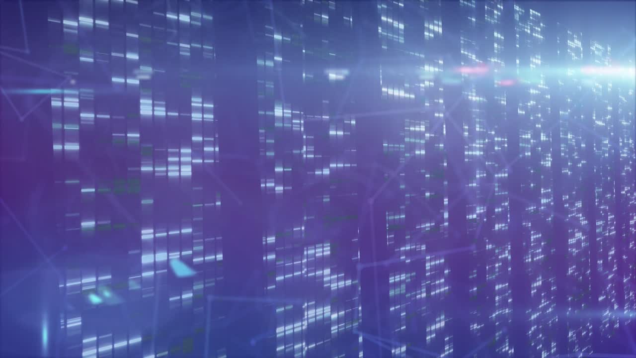 Animation of moving columns over network of connections on black background