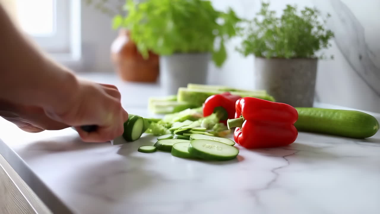 Slicing fresh cucumbers in a kitchen