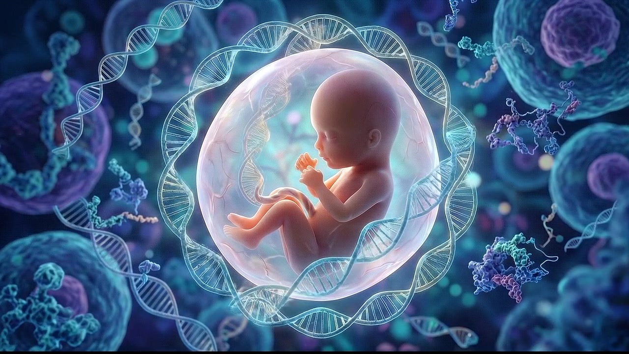 Feto umano che si sviluppa nell'utero circondato da una texture di cellule blu