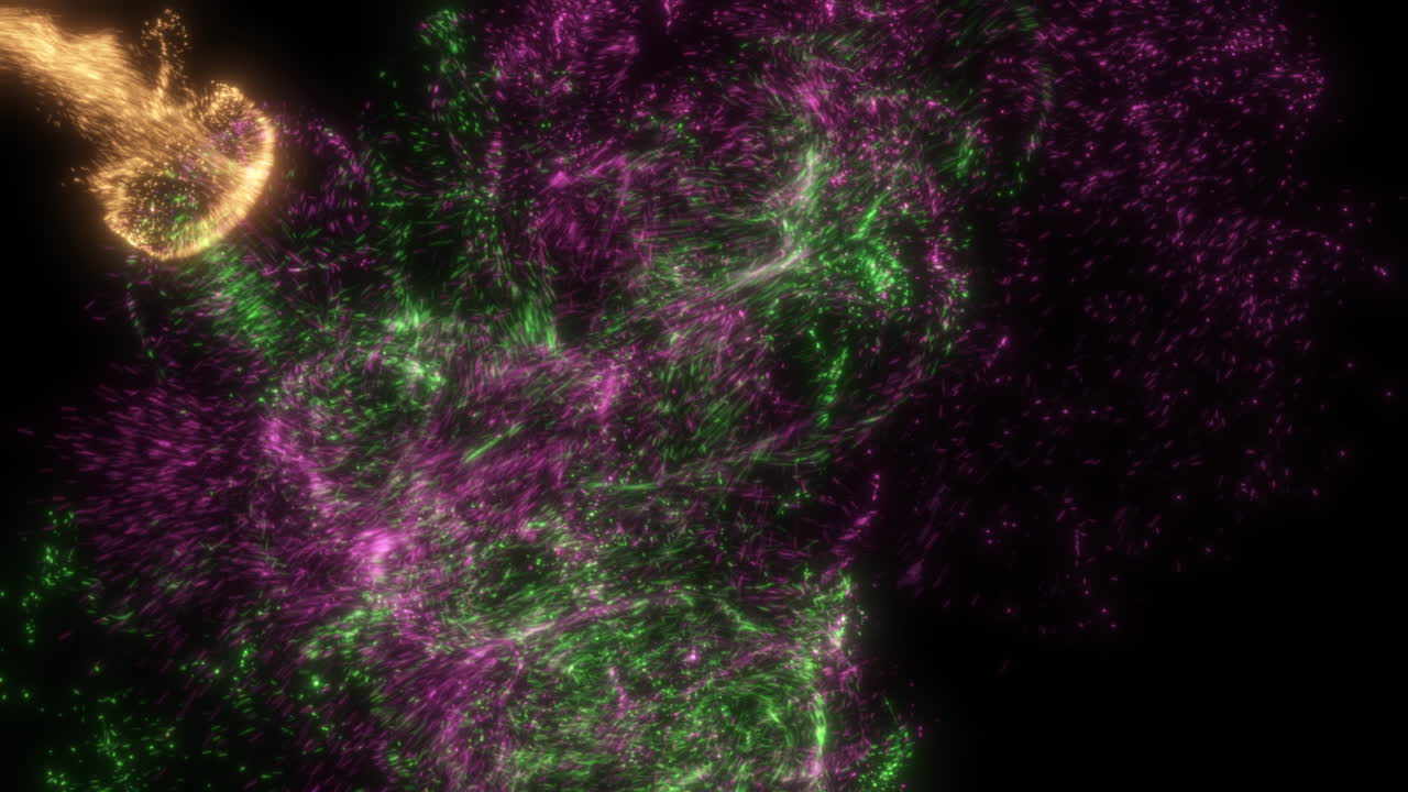 simulación de colisión de partículas caóticas de fluido brillante con diferentes colores