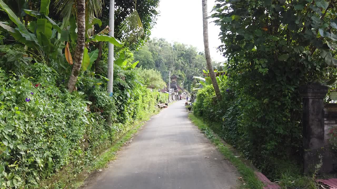 발리 도로의 차분한 분위기, 카랑가셈의 푸른 숲 사이의 발리 현지 거리, 사이드맨