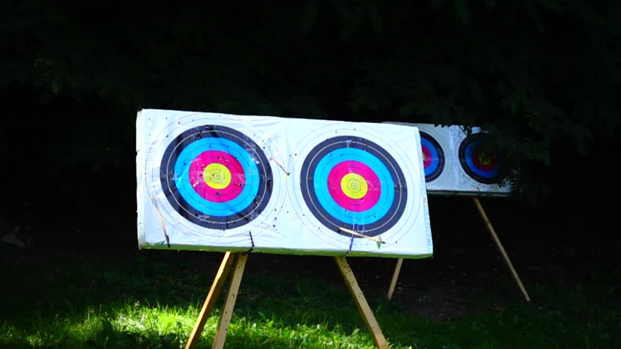 Archery. The arrow hit the target. Slow motion
