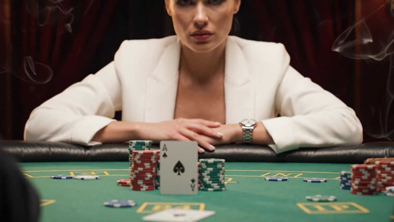 Um Jogo de Altas Apostas de Estratégia e Sorte na Mesa de Cartas com Fichas de Poker e Foco Intenso na Vitória