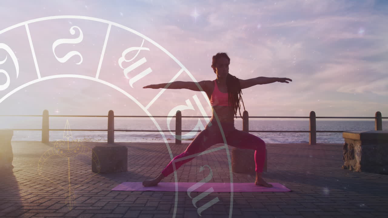 산책로에서 어있는 두 인종의 여성에 대한 별자리의 애니메이션