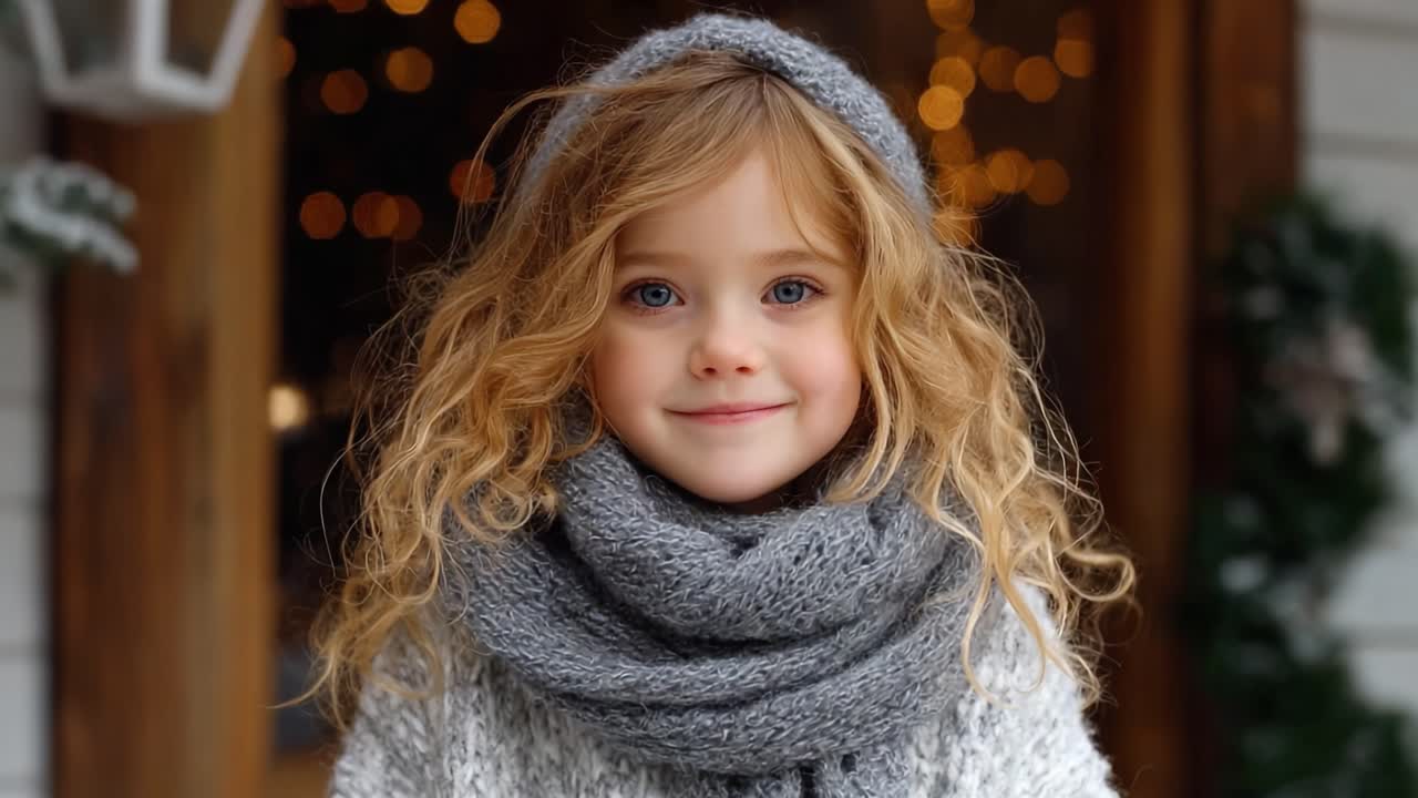 A Charming Portrait of a Young Girl with Curly Hair Wearing a Cozy Scarf and Hat, Radiating Joy Amidst a Twinkling Holiday Background