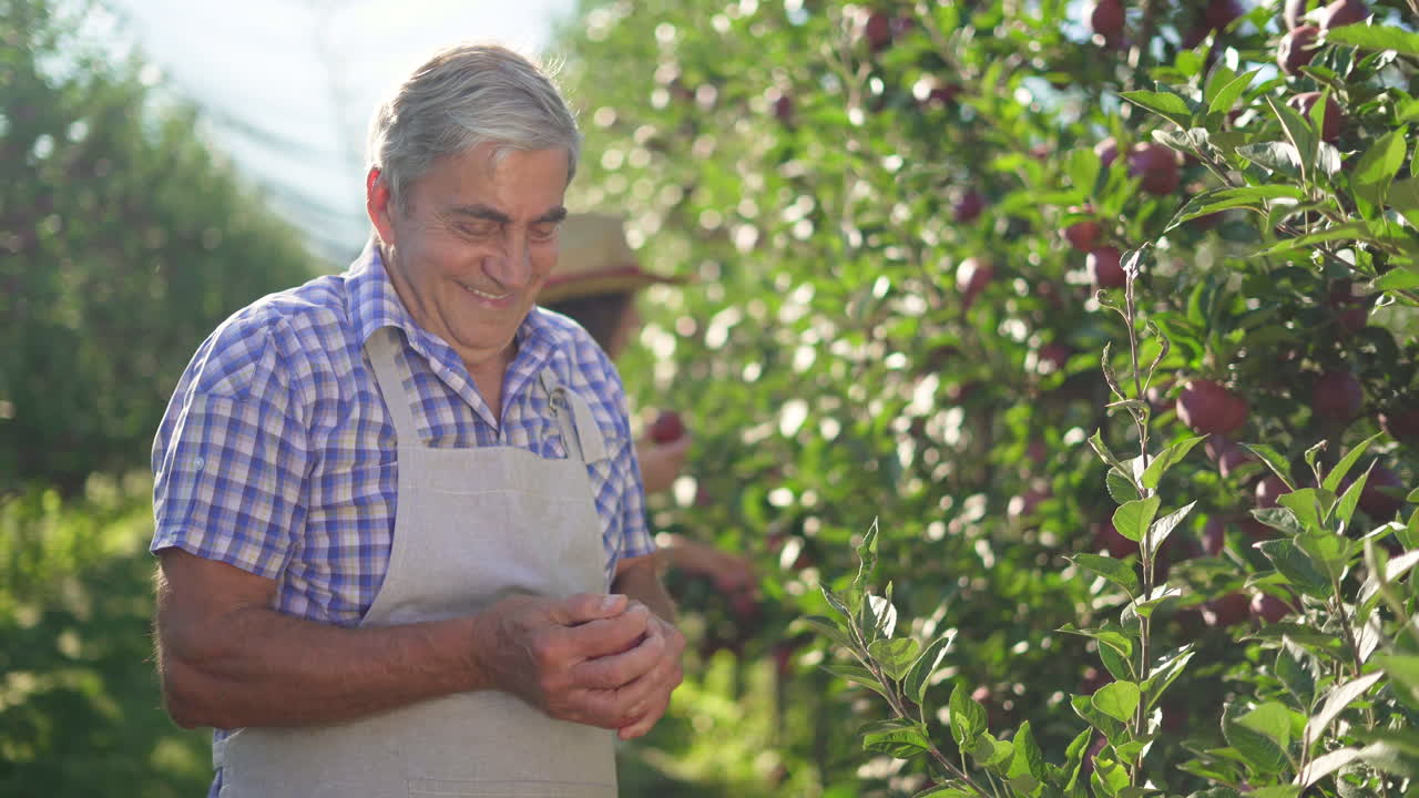 Farmer Holding Apple in a Sunny Orchard