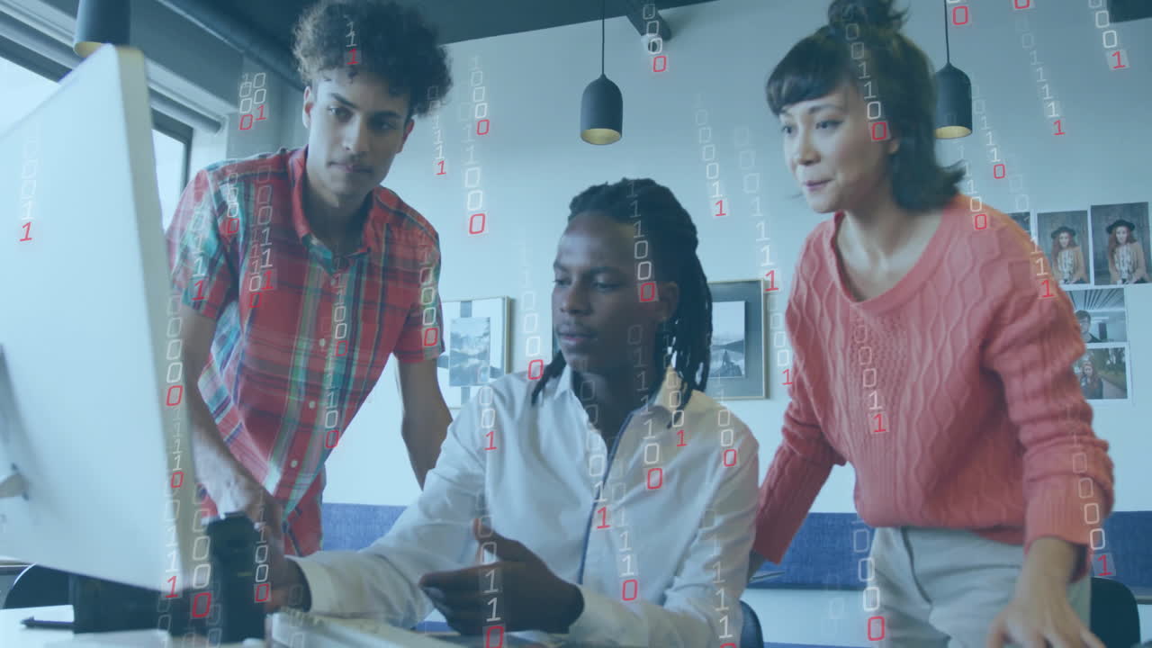 Animation of data processing over diverse colleagues working in office