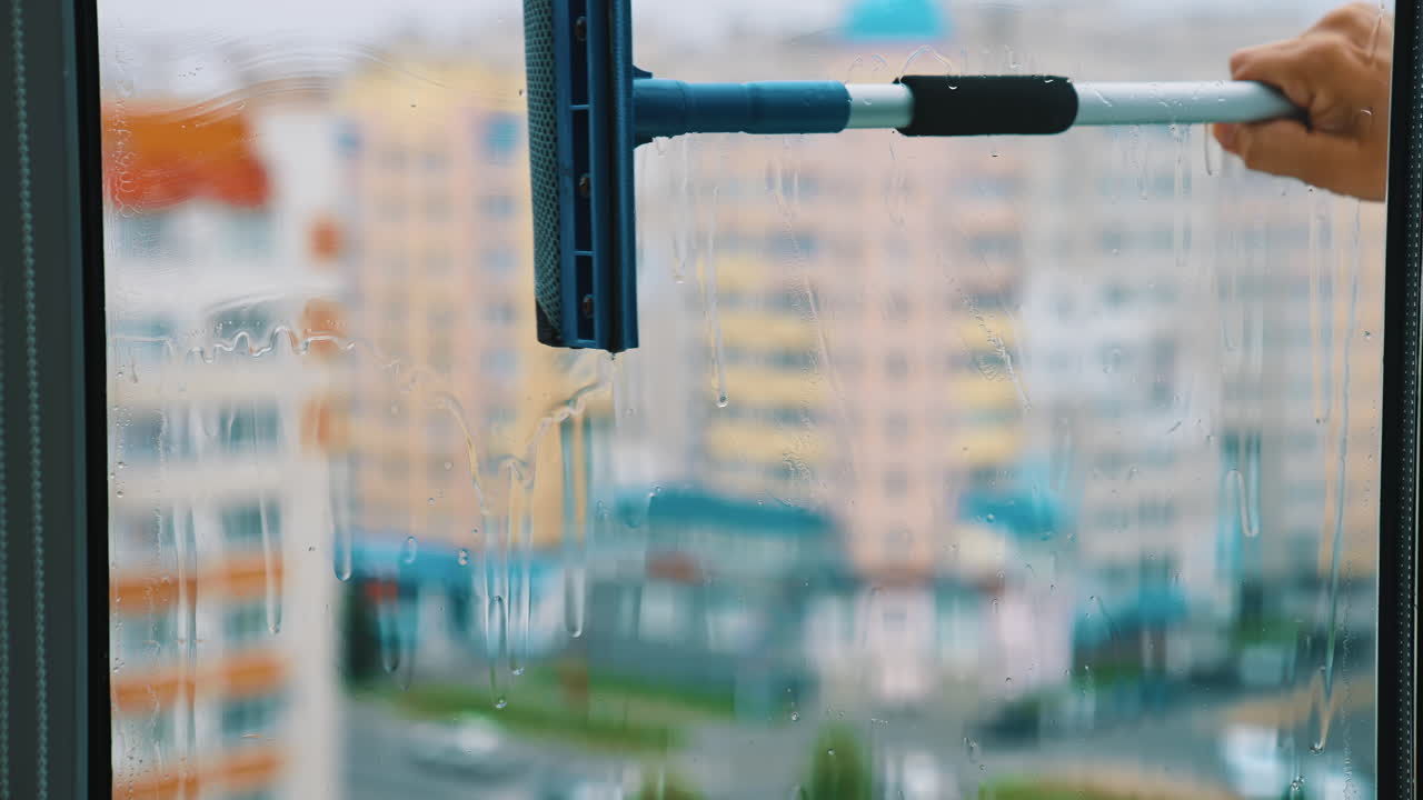 Hand with a cleaning brush is washing window. Plastic window cleaning from outside of a high rise building in the city. View from flat.