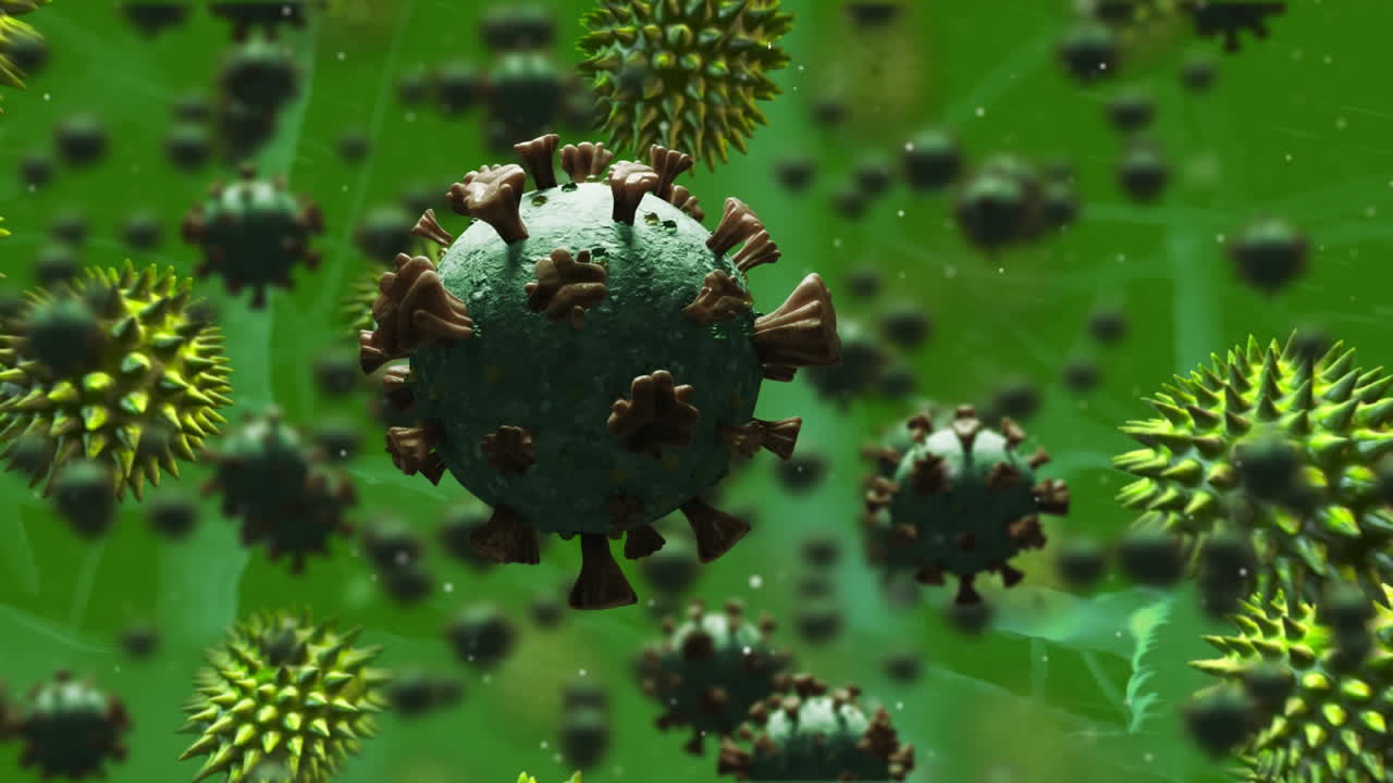 Animazione di cellule Covid-19 che fluttuano su sfondo verde.