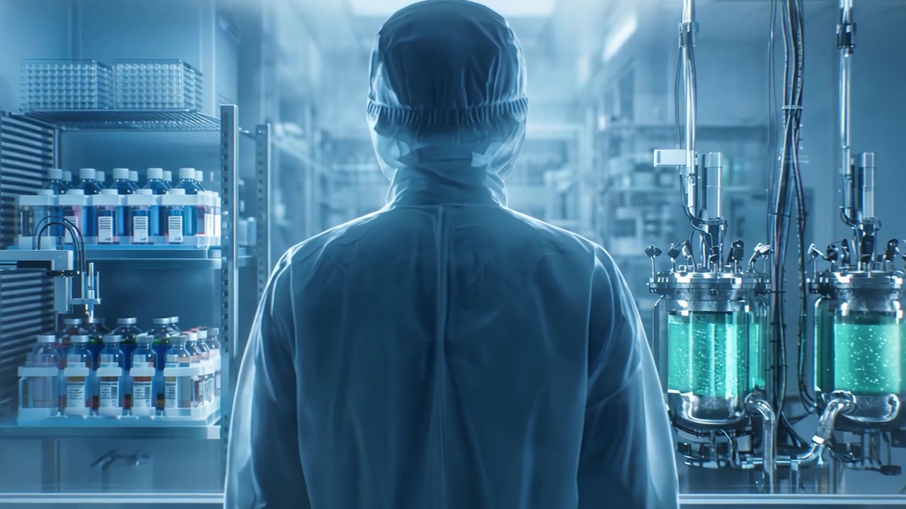 Scientist in Protective Suit Observing Laboratory Equipment