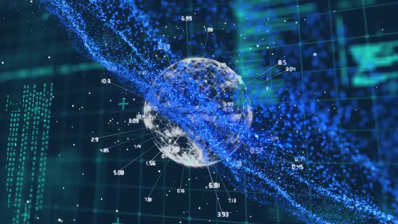 블랙 배경에 있는 지구의 애니메이션, 데이터 처리 및 연결