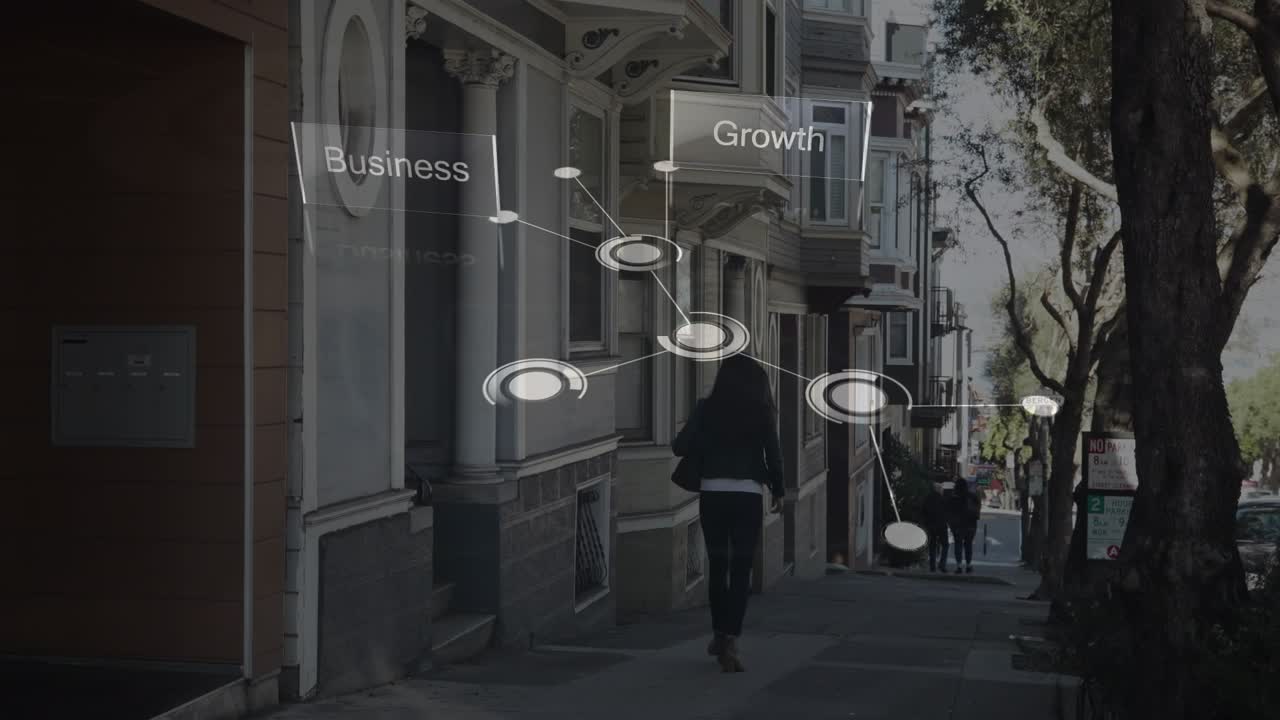 Animazione di rete di connessioni su paesaggio urbano