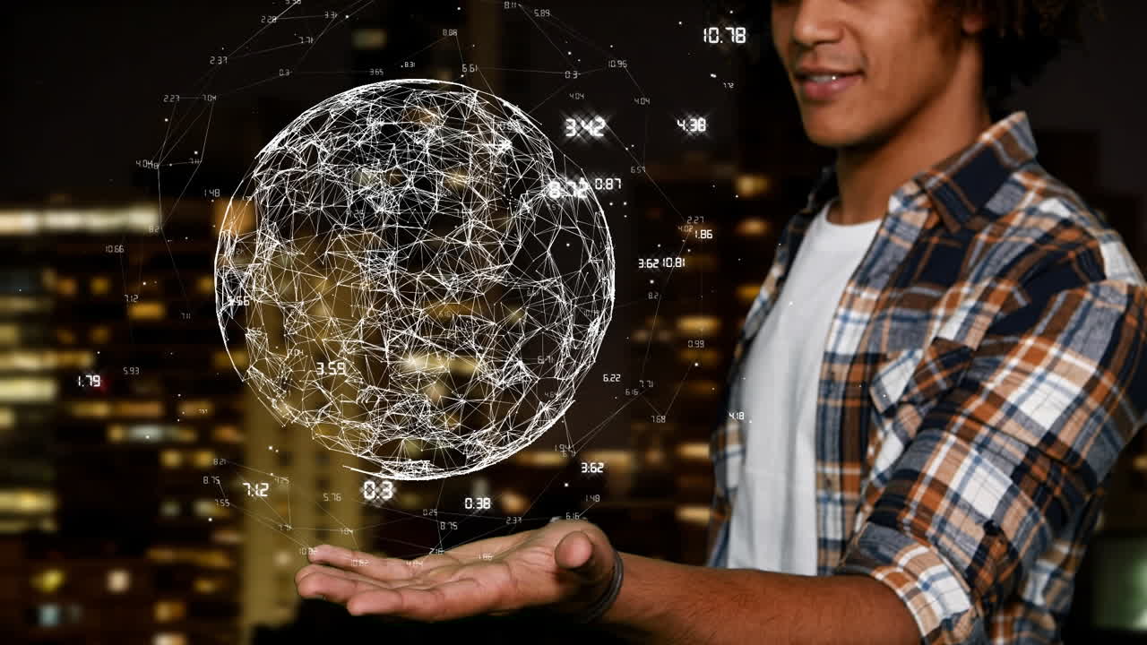 hombre toca el globo digital giratorio