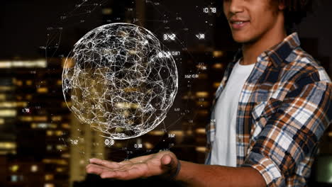 l'uomo tocca il globo digitale che gira