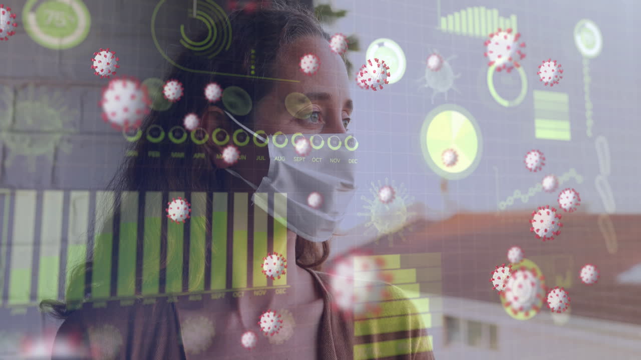 y gráfico de bacterias de coronavirus volando sobre la mujer con máscara.