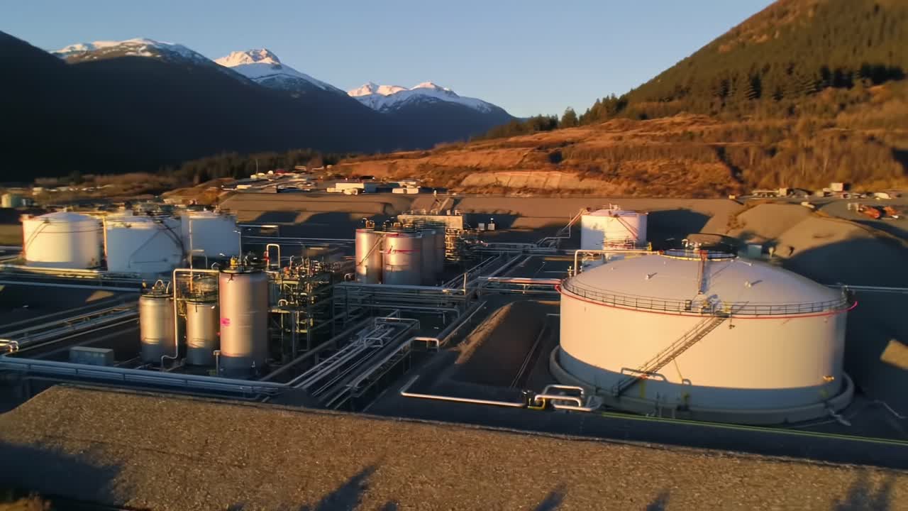 Oil Storage Facility Captured During Sunset in Remote Mountainous Region