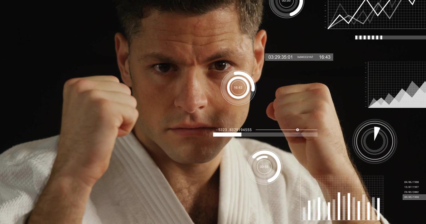 Martial artist holding guard while HUD metrics fading in causing punches registering fitness data