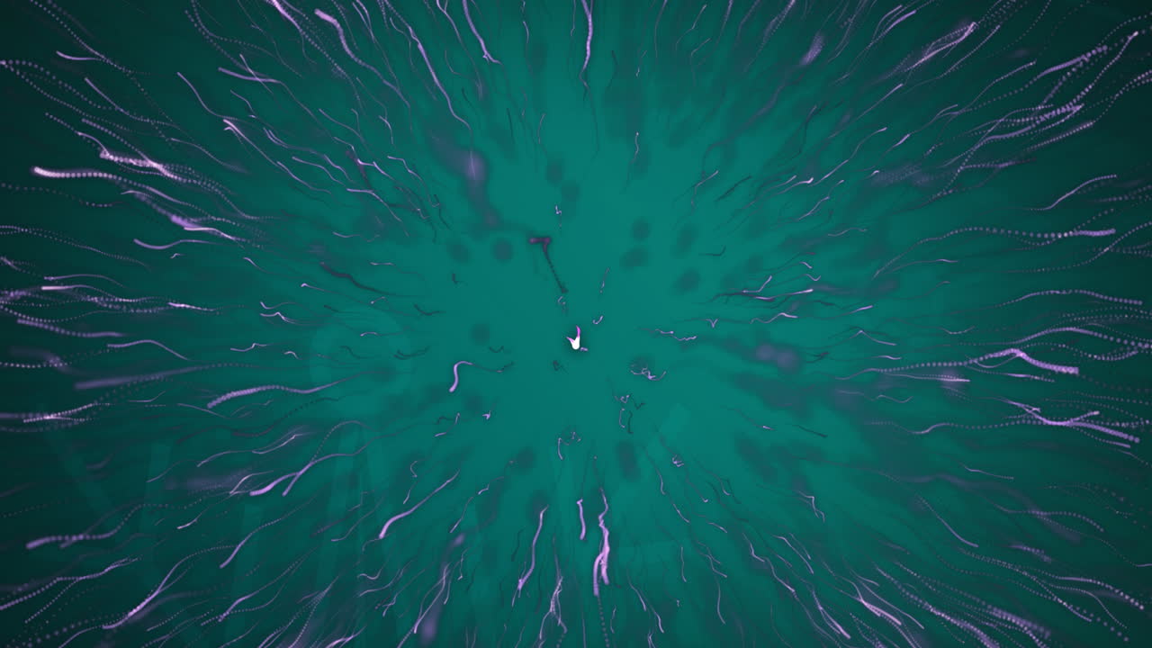 animación digital de un rastro de luz púrpura estallando contra un fondo verde