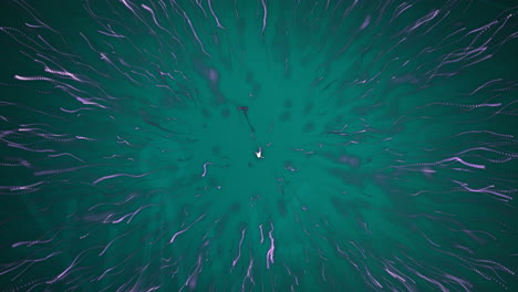 digital animation of purple light trail bursting against green background